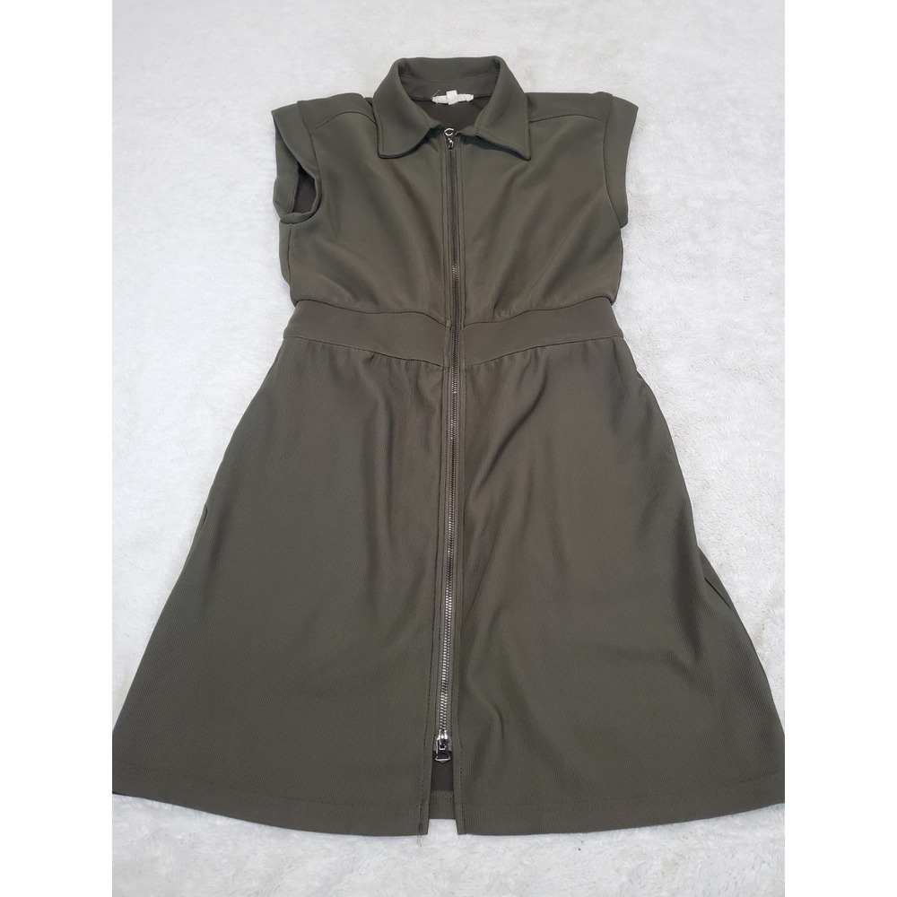 Entro Olive Green Zip Front Cap Sleeve Mini Dress Medium Modest Casual Summer